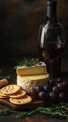 Naklejka premium Enjoying a delightful cheese and wine pairing with crackers and fresh grapes on a rustic wooden board
