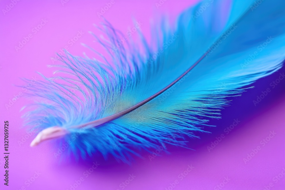 Poster a close-up view of a single blue feather resting on a bright pink background