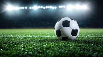 A soccer ball on a wet field under stadium lights at night.