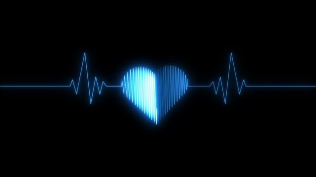 Neon love heart with heart beat line monitoring animation on black background
