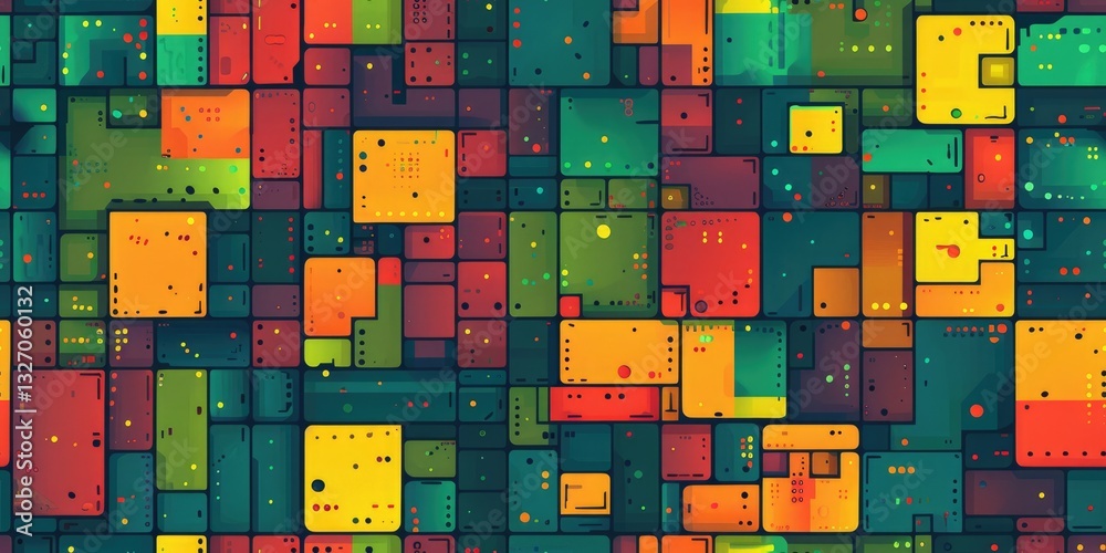 Poster abstract geometric pattern with colorful rectangles and thin lines on a dark background. digital art