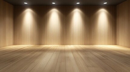 Empty wooden room with spotlight illumination, creating a warm atmosphere for presentations
