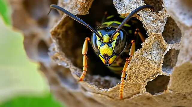 Close-up of a vibrant yellow and black wasp emerging from its intricate nest in a natural setting