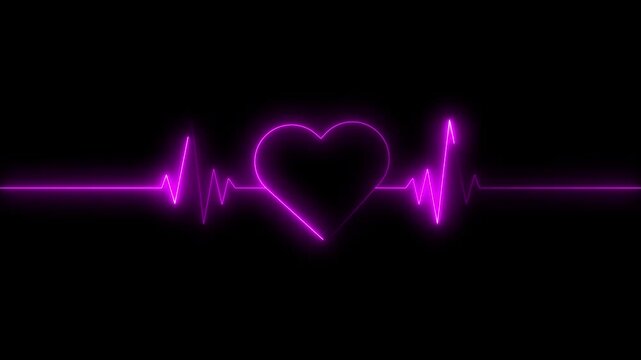 Neon love heart with heart beat line animation on black background