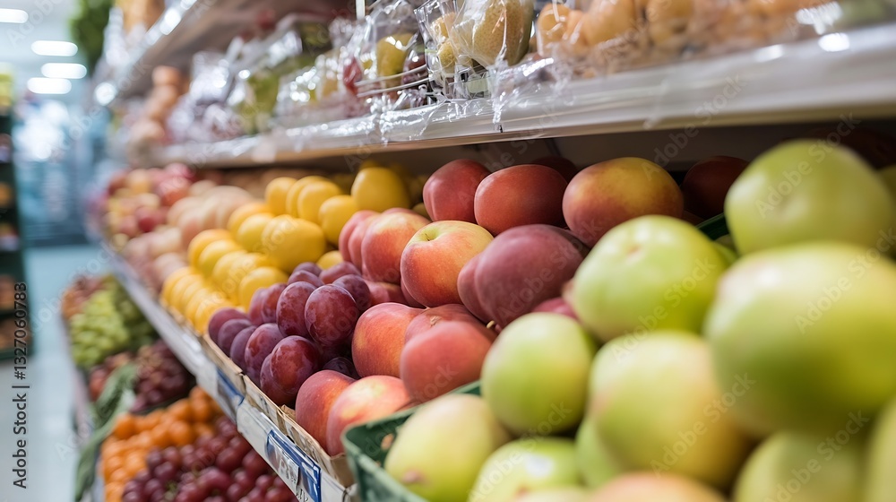 Poster Fresh assortment of apples and peaches neatly arranged in a grocery store produce section : Generative AI