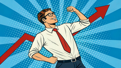 business man with a graph - Successful Businessman in Pop Art Style with Growth Arrow – Financial Success Concept
