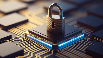 Metallic padlock on a glowing circuit board, showcasing digital security and data protection concept.  Symbol of online safety and technological safeguard
