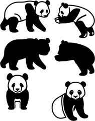 Cartoon Panda Illustration in Monochrome Silhouette Style, Black and white vector illustration of pandas in various poses and expressions. Perfect for logo design, icons, and decoration.
