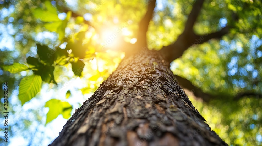 Poster Majestic view of a towering tree with sun rays filtering through lush green leaves : Generative AI
