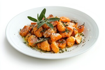 Delicious butternut squash gnocchi with sage and rosemary in white plate against white background