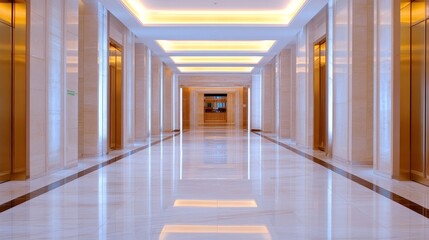 Modern hallway with polished marble floors and elevator doors, illuminated by soft lighting