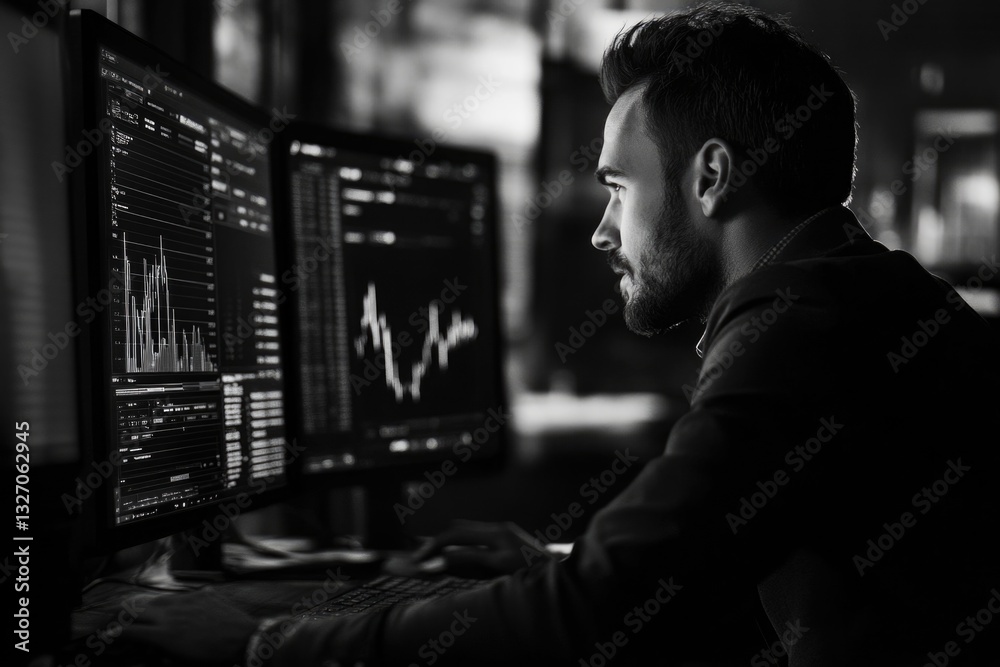 Poster a person sitting at a desk with two computer monitors, ideal for workspace or office settings