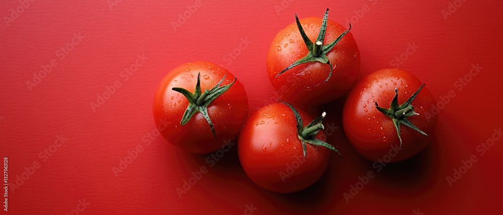 Poster a group of tomatoes sitting on a red surface