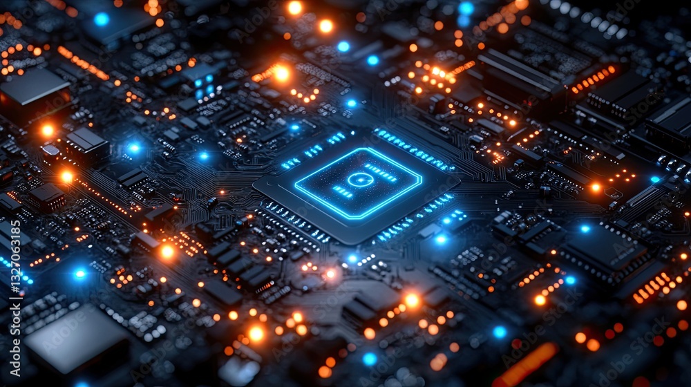 Poster Secure CPU chip on circuit board, glowing lights, tech background, data security