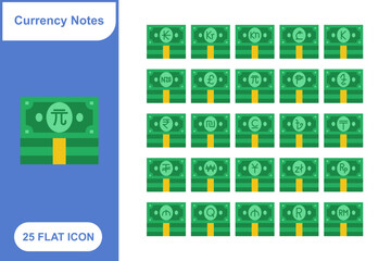 Country Currencies Flat Icon Set, Collection of different country currency notes Flat Icon Set &ndash; 25 Banknote, Dollar, and Exchange Icons