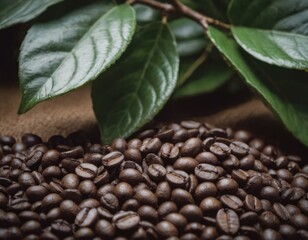 A large, beautiful pile of coffee beans garnished with green leaves on top