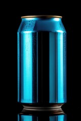 A can of blue soda sitting on a shiny surface, great for use in ads or product promotions