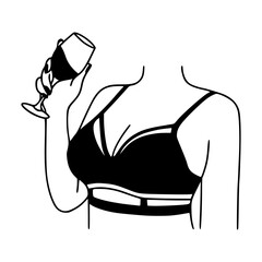 woman in bra drinking wine outline vector illustration