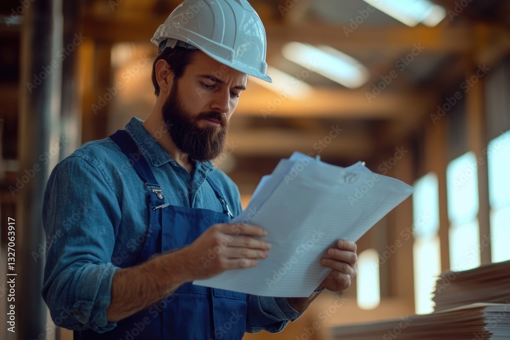 Poster a worker reads a document while wearing a hard hat on a construction site
