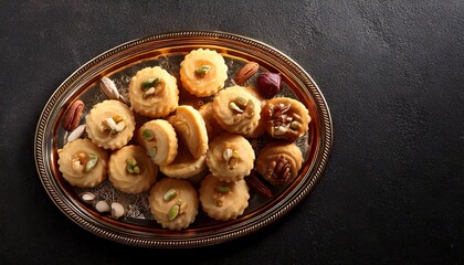 A silver platter holds a collection of small, round, light-colored sweets, possibly makroudh, garnished with nuts, against a dark background.