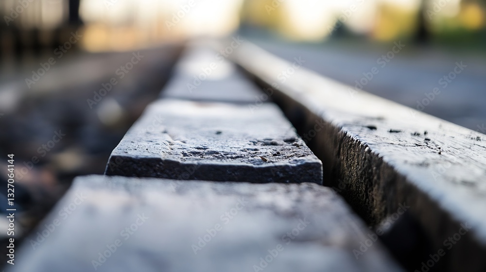 Aufkleber closeup view of weathered wooden railway tracks leading into the distance with blurred background : 