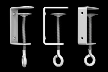 Metal C-clamp for fixing shelf stopper, shelf talker, topper, banner to retail shelf. Side view, isometric view, rear view. 3d illustration set isolated on black