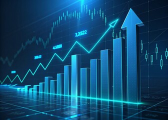 Financial graph, stock market chart, blue glowing arrows, upward trend, digital display, economic growth, data visualization, futuristic interface, business analytics, holographic projection