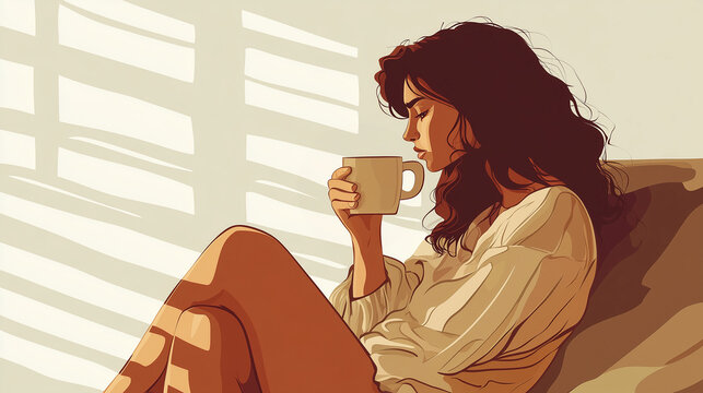 sad woman sitting on a couch with a cup – minimalist flat design illustration - ideal for mental health articles, blog posts, and emotional storytelling visuals