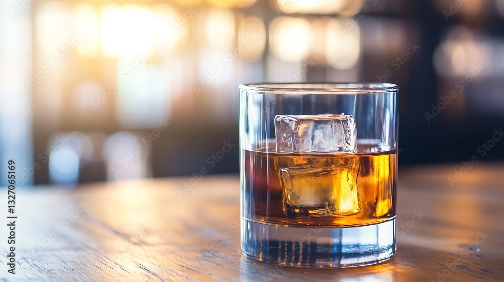 Aufkleber Refreshing glass of whiskey with ice cubes surrounded by a warm inviting bar atmosphere : Generative AI