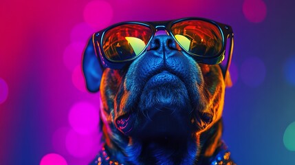 Stylish Dog with Sunglasses Against Colorful Neon Background