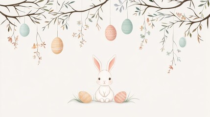 Obraz premium Easter festival with bunny and colorful eggs spring garden digital art cheerful atmosphere whimsical viewpoint