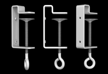 Metal C-clamp with bend for fixing shelf stopper, shelf talker, topper, banner to retail shelf. Side view, isometric view, rear view. 3d illustration set isolated on black