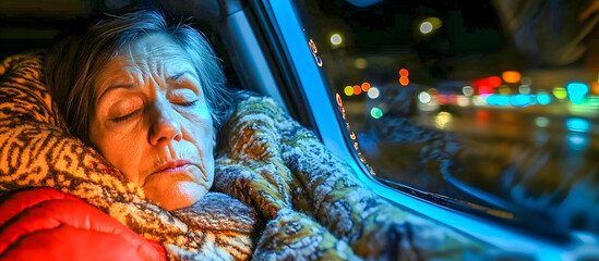 Homeless woman sleeping in car at night with city lights in background