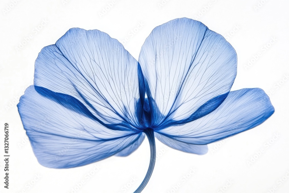 Poster a detailed view of a blue flower against a clean white background, perfect for editorial or commerci