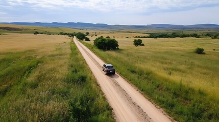 Fototapeta premium Aerial view of a car driving on a dirt road through expansive green fields under a bright sky : Generative AI
