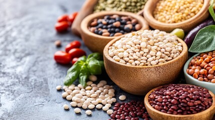 Fototapeta premium Colorful Assortment of Various Seeds and Grains in Wooden Bowls Displaying a Variety of Textures : Generative AI