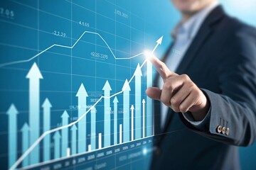 business executive, financial graph, digital display, upward trend, blue background, stock market data, pointing gesture, suit jacket, technology interface, data visualization, growth chart
