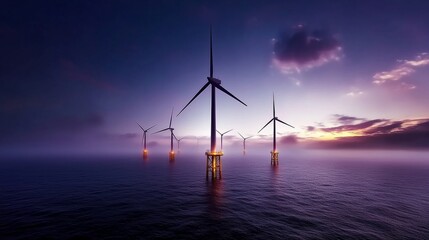Obraz premium Offshore wind turbines silhouetted against a moody sunset sky