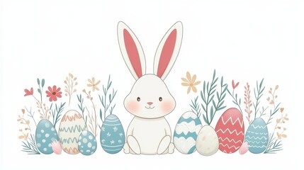 Easter festival celebrations with bunny and colorful eggs in april greeting card design whimsical environment