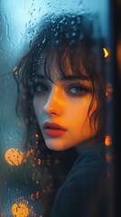 A contemplative woman gazing through a rain-covered window, embracing the moment.