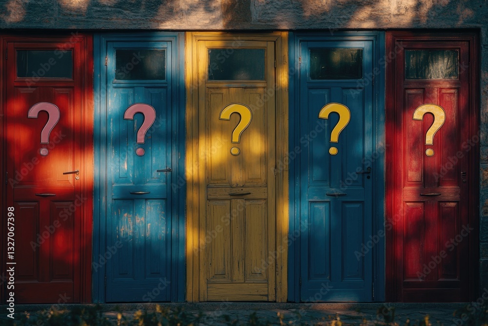 Poster A row of colorful doors with question marks, great for representing uncertainty or decision-making