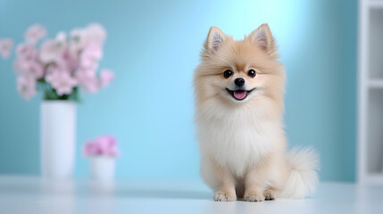 Obraz premium Fluffy Pomeranian Puppy Sitting on Light Blue Background
