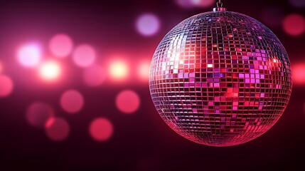 Pink disco ball hangs, blurred lights, party backdrop