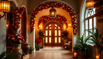 A Beautifully Decorated Entrance Hallway with Floral and Lantern Features