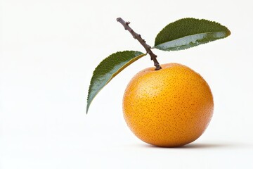 Close up studio shot captures a vibrant orange asian pear, leaves and stem on white background