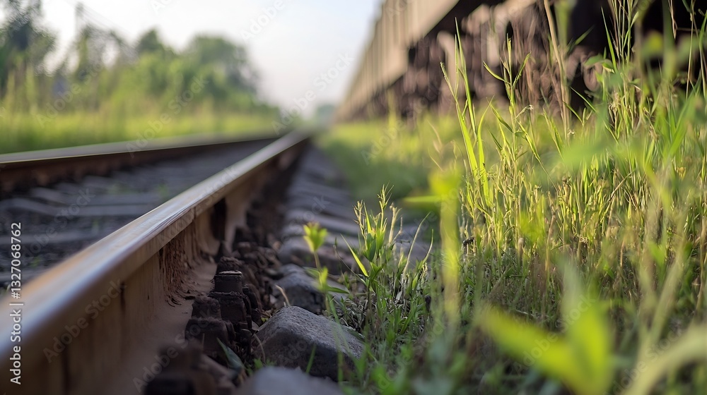 Poster Overgrown grass and weeds alongside an abandoned railway track in a tranquil rural setting during daytime : Generative AI