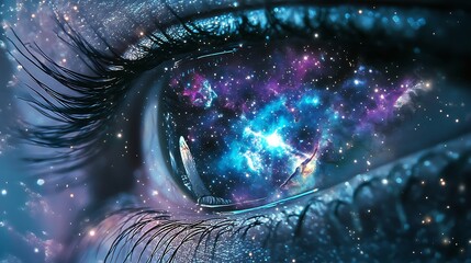 A bold wallpaper design of a cosmic-themed eye with a galaxy-like iris in shades of deep blue, purple, and silver, surrounded by glowing nebula clouds and star-like specks.