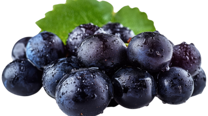 Fresh Harvest: A close-up shot of a cluster of ripe blueberries, glistening with droplets of water and a vibrant green leaf. The image celebrates the beauty and freshness of nature's bounty.