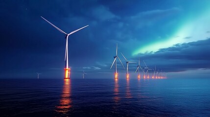 Offshore wind turbines illuminated under a dramatic sky