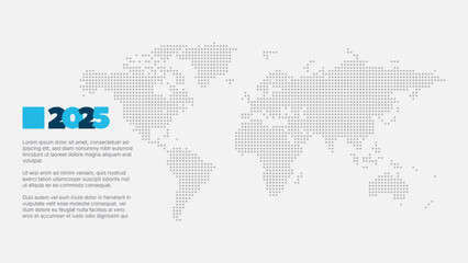 Fototapeta premium 2025 year symbol with sample text. Dotted world map background. Infographic element for business, web design, presentation, event, page. Vector illustration